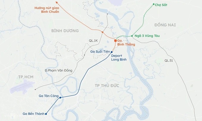 Hướng tuyến metro số 1 và hai hướng dự định kéo dài lên Đồng Nai (màu xanh lá), Bình Dương (màu cam). Đồ họa: Khánh Hoàng